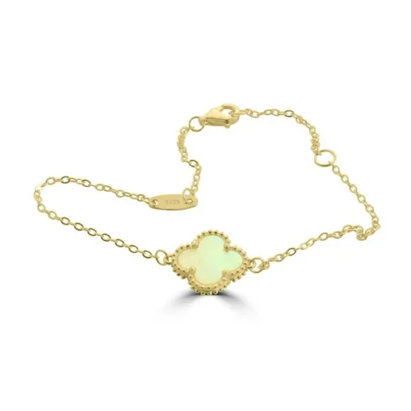 18k Gold Plated sterling silver Mother of Pearl Clover Bracelet - Picture 2 of 2